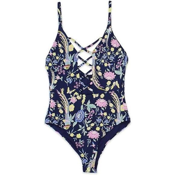 Ris-K Blue Floral Print Lace Up Front One Piece Swimsuit Made in USA Size S - Picture 1 of 12